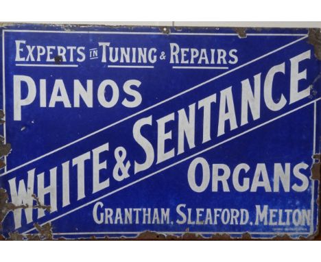 A White & Sentance Pianos and Organs enamel sign, marked Grantham, Sleaford and Melton, with white type on purple back, 63cm 