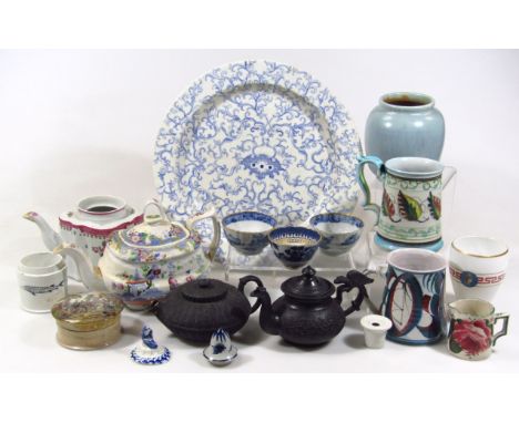 Various pottery, porcelain etc, to include a Japanese blue and white transfer printed plate, 37cm dia. a College style tankar