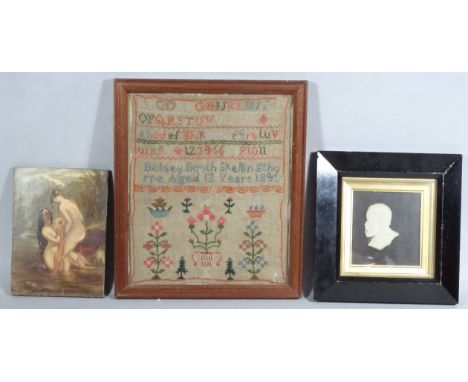 A Victorian pictorial alphabetic and numeric sampler, by Betsey, Skellingthorpe, dated (probably) 1848, in colours, 29cm x 25
