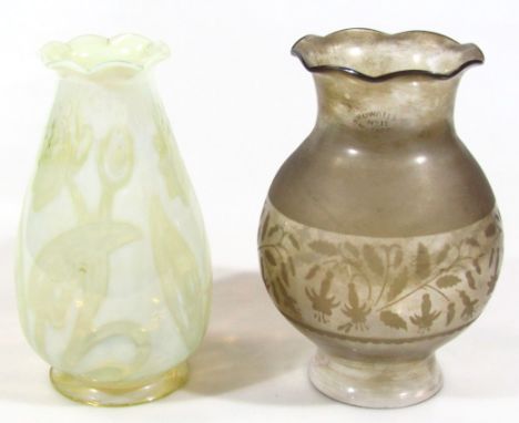 A smoke and clear glass oil lamp shade, with fuchsia decoration, together with a vaseline glass flower decorated example, bot