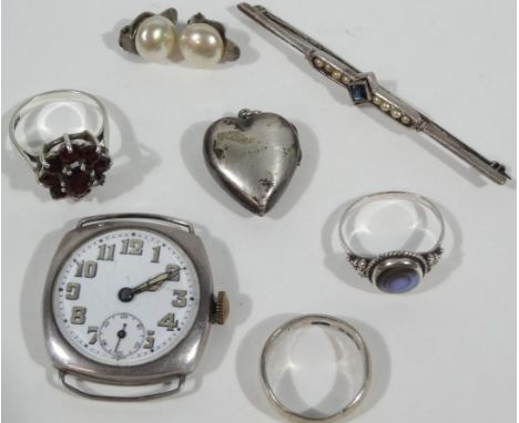 Various silver and other costume jewellery, to include an unmarked watch head, three silver dress rings, a pair of silver pla