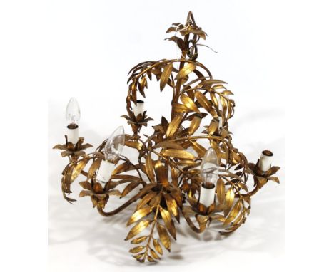 A 19thC/early 20thC gilt metal wirework six branch light fitting, with plain cylindrical stem and a surround of various flowe
