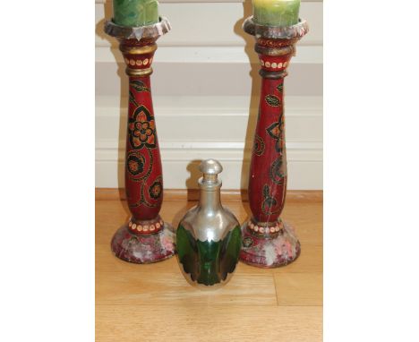 Decanter, candlesticks and a pair of brass candle stand lamp bases. To be viewed on site at Aquavista, Stocken Hall, Stretton