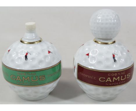 A Limoges Castel 22ct gold finish golf ball decanter and stopper, named banding, the main body decorated with players and fla