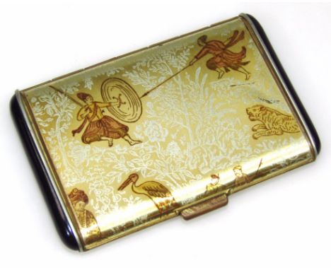 An early to mid-20thC Japanese cigarette case, of rectangular outline, spring loaded and decorated with oriental figures and 