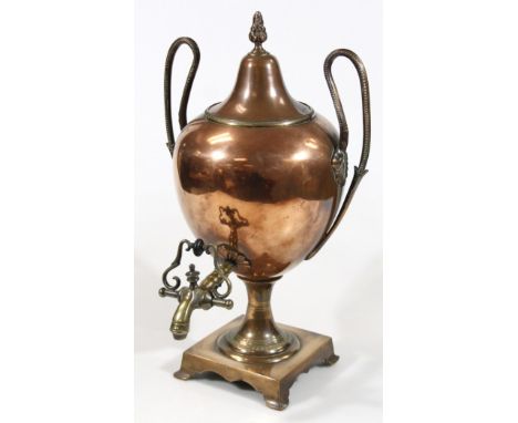 A mid-19thC copper samovar, the bulbous body surmounted by an inverted bell shaped lid with flame finial, flanked by handles 