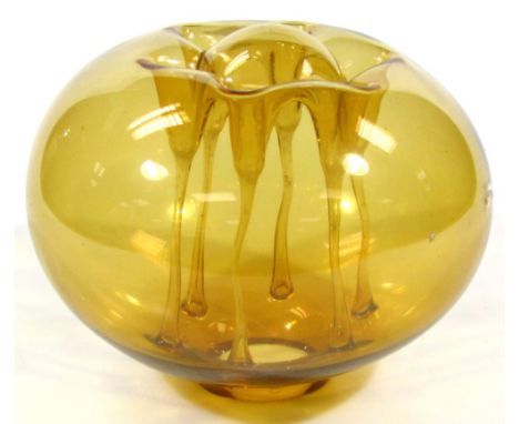 A blown amber glass bowl, with internal dropped channels, possibly a lamp shade, 25cm diameter. 