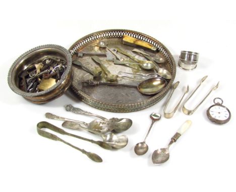 Various silver silver plate, etc., engine turned napkin ring of D-end outline, 5cm wide, an open faced pocket watch, a quanti