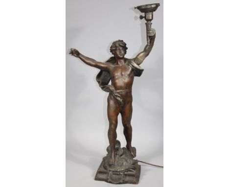 A hollow cast metal figure group, entitled Primax, formed as a classical gentleman semi-clad holding torch on a stepped base,