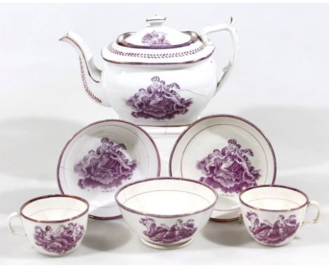 An early 19thC part pink lustre tea service, to include teapot, 12cm high, cups, saucers, etc (a quantity). 