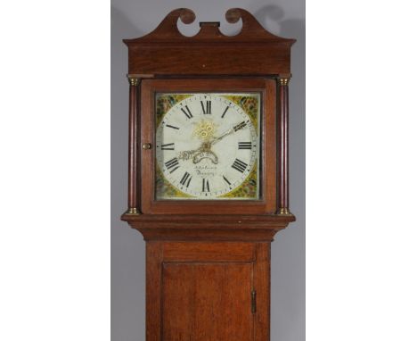 A 19thC oak cased country longcase clock, the 29cm wide square dial signed John Leach, Ramsey, with Roman numerals and painte