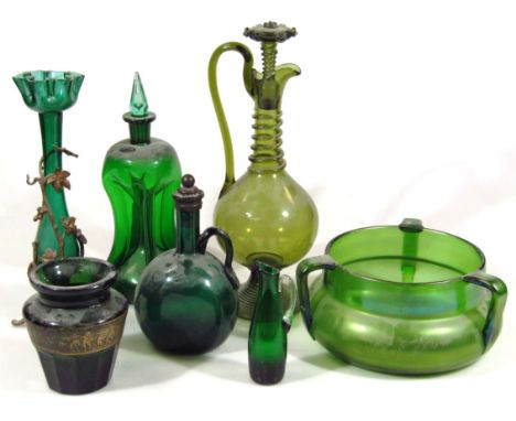 Various glassware, comprising a 19thC Aesthetic style green glass decanter, with bulbous body, moulded spout and handle with 