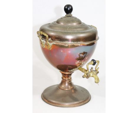An early 20thC copper brass samovar, the circular body fronted by tap and flanked by scroll handles, on inverted stem and cir