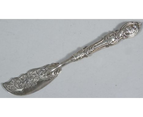 A Victorian silver butter knife, the shaped engine turned blade with elaborate handle, Birmingham 1858, 20cm wide, 1oz all in