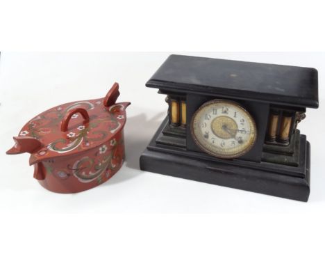 A late 19thC ebonised wooden marble finish mantel clock, in the classical manner with rectangular top raised above 15cm dia. 