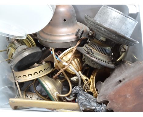 Various metalware part oil lamps, other oil lamp fittings, 13cm high, finials, lids, various other metalware, a frosted and c