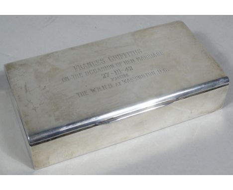 A mid-20thC cigarette case, the rectangular lid with thumb mould handle engraved Francis Griffiths 27.10.1942 from WRNS of Wa