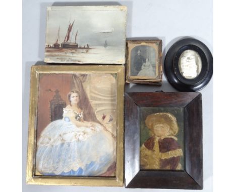 A 19thC plaster plaque Virgin and Child, 8cm x 5cm, 18thC English School, figure of a child oil on board, a quantity of vario