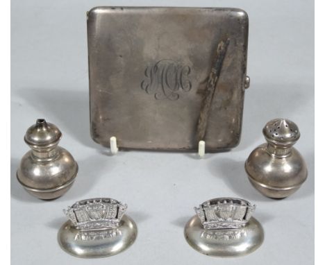 Various silver, comprising of a cigarette case, two menu holders and part cruet with salt pots 6cm high and similar pepper, (