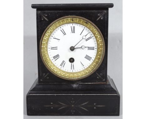 A late Victorian slate mantel clock, with 9cm dia. Roman numeric dial and keywind pendulum swung movement in plain case, 20cm