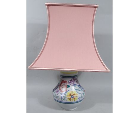 A Poole pottery vase, of bellied circular outline decorated with summer flowers converted to a table lamp, with modern electr