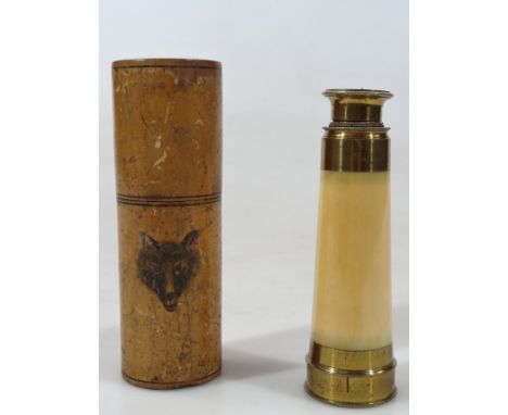 A mid-19thC hunting related three draw telescope, of tapering cylindrical form with brass mounts and ivory centre, in an oute