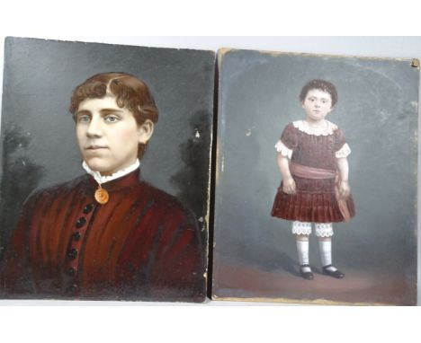 19thC English School. Portrait of a lady quarter profile, oil on board, unsigned, 41cm x 33cm and a portrait of a girl, possi