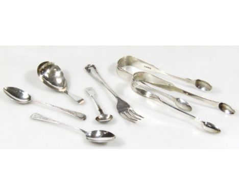 Various George IV and later silver, to include sugar bows, Fiddleback pattern, 14cm wide, bright cut tea spoon, caddy spoon, 