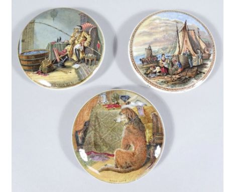 Three various Prattware pot lids, polychrome decorated to include The Enthusiast, 10cm dia. etc. (3)