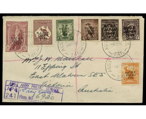 1946-47 set of 7, ½d orange to 5s claret, tied to plain registered cover to Victoria by "AUST ARMY P.O./241" cds for 8 MY 47 
