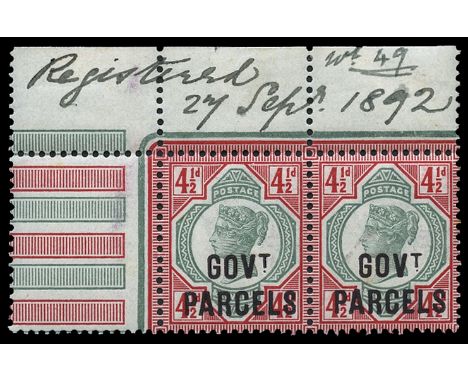 Officials: Government Parcels 1891-1900 4½d grey-green and carmine (SG O71), upper marginal horizontal pair with interpane ma