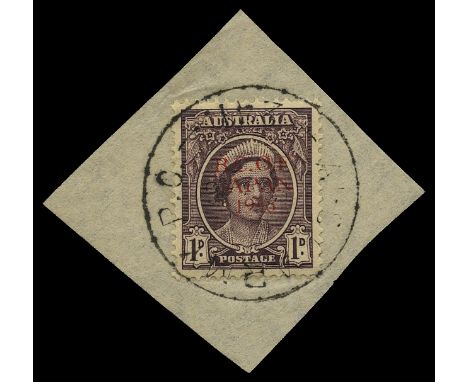 Trial overprints: 1946 1d brown-purple with overprint type 2 in red (B&W J2PP(2)B), tied to small piece by 'AUST ARMY P.O./24