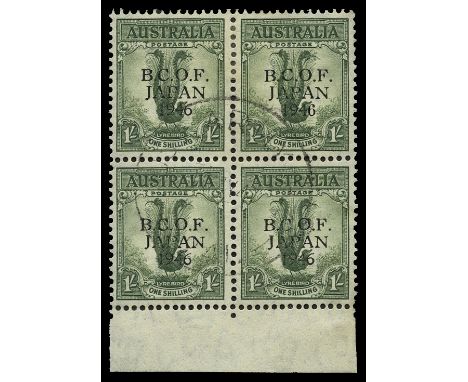 1946-47 1s grey-green, lower marginal block of 4, upper right stamp (Left pane, R9/4) showing variety wrong fount "6" (SG J5/