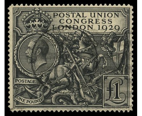 1929 Ninth Postal Union Congress £1 black (SG 438), fine used by central cds and very light barred 'roller' cancel, cat £550 
