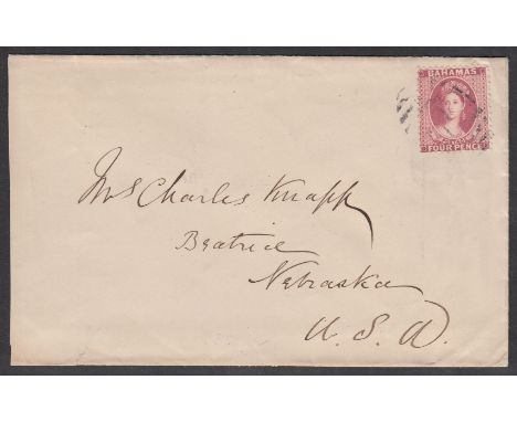 1885 August cover addressed to 'Beatrice, Nebraska', franked with 1882 4d rose (SG 41), tied by light 'B' obliterator which l