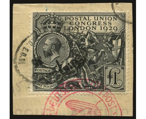 1929 Ninth Postal Union Congress £1 black (SG 438), tied to small piece by 'rubber' registered oval d.s. for 3 NOV 35 and par