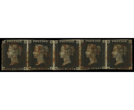1840 1d black plate 8: Horizontal strip of 5 (QE-QI), "QG" light vertical crease, "QE" nick at upper left corner, very close 