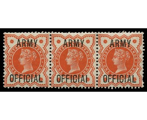 Officials: Army 1896-1901 ½d vermilion, horizontal strip of 3, centre stamp (R13/7) showing 'OFFICIAI' var (SG O41/41a), seve