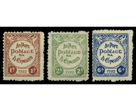Forerunners: 1922 Irish Republican Army local issue 1d brown, 2d green and 6d blue (Hibernian L44/46), 1d light bend, 2d mark