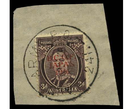 Trial overprints: 1946 3d purple-brown with overprint type 2 in red (B&W J3PP(2)B), tied to small piece by 'AUST ARMY P.O./24