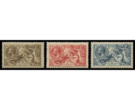 1918-19 Bradbury Wilkinson Seahorses, 2s 6d chocolate-brown, 5s rose-red and 10s dull grey-blue (SG 414, 416/17), odd shortis