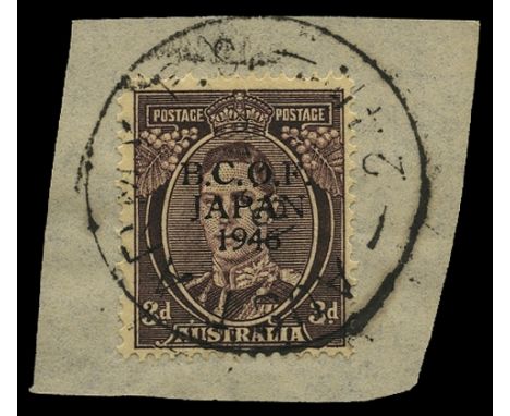 Trial overprints: 1946 3d purple-brown with overprint type 2 in black (B&W J3PP(2)A), tied to small piece by 'AUST ARMY P.O./