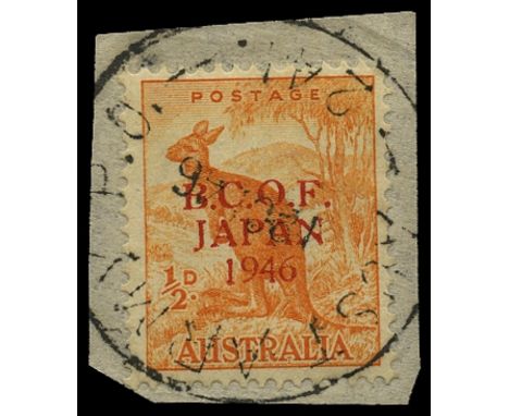 Trial overprints: 1946 ½d orange with overprint type 2 in red (B&W J1PP(2)), tied to small piece by 'AUST ARMY P.O./241' cds,