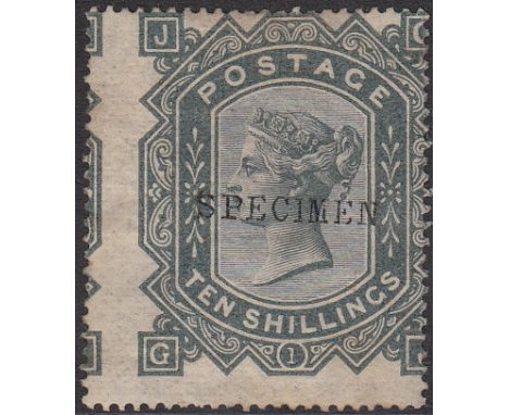 1867-83 Watermark Maltese Cross 10s greenish grey overprinted 'SPECIMEN' type 9 (SG 128s) exceptionally off centre (almost a 