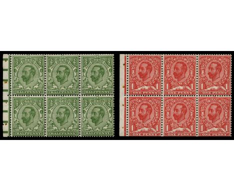 1912 (28 Sep) ½d pale green and 1d scarlet die 1B, watermark simple cypher (upright), booklet panes of 6 of each. perf E (SG 