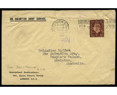 Crash Cover: 1939  January 6, "Salvation Army" envelope from London to Adelaide franked KGVI 1½d (perfin) tied by slogan canc