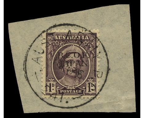 Trial overprints: 1946 1d brown-purple with overprint type 2 in black (B&W J2PP(2)A), tied to small piece by 'AUST ARMY P.O./