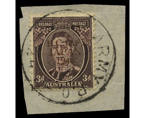 Trial overprints: 1946 3d purple-brown with overprint type 2 in gold (B&W J3PP(2)C), tied to small piece by 'AUST ARMY P.O./2