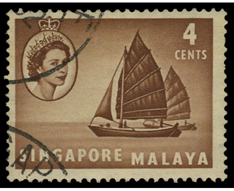 1955-59 4c brown "Twa-kow lighter", variety watermark inverted (SG 40w), upper perfs light blue staining (barely visible from