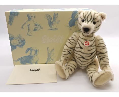 Steiff Teddy Bear Zebra, White Tag 420283, LE To The Year 2009, Mohair, Talking, Certificate of Authenticity, Swing Labels, W